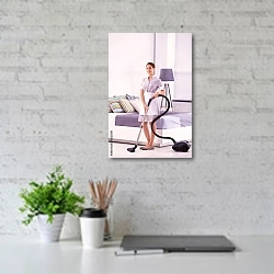 «Домработница с пылесосом» в интерьере современного офиса с белой кирпичной стенкой