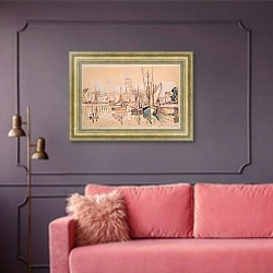 «Парусники у причала в Онфлере» в интерьере гостиной с розовым диваном