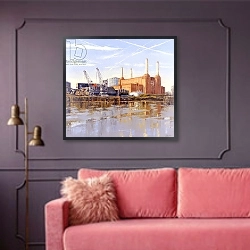«Battersea Power Station, 2004» в интерьере гостиной с розовым диваном