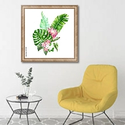 «Акварельные тропические листья и цветы» в интерьере комнаты в скандинавском стиле с желтым креслом