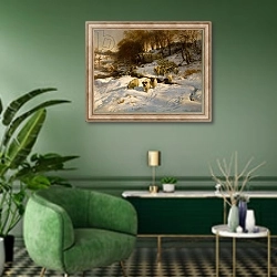 «Sheep in the Snow, 1935» в интерьере гостиной в зеленых тонах