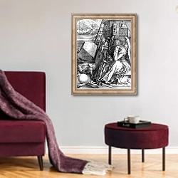 «Melancholia, 1514» в интерьере гостиной в бордовых тонах