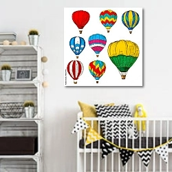 «Воздушные шары в полете, цветные ретро-эскизы» в интерьере детской комнаты для мальчика с желтыми деталями