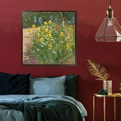 «Oxeye Daisies Against the Irises» в интерьере спальни с акцентной стеной