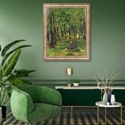 «Young Farmer sitting in the Forest, 1878» в интерьере гостиной в зеленых тонах