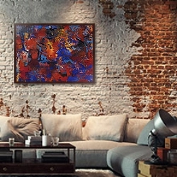 «Абстрактная картина #15» в интерьере гостиной в стиле лофт с кирпичной стеной