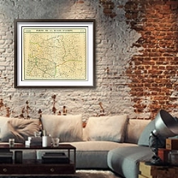 «Карта: Россия в Европе №11, 1827 г.» в интерьере гостиной в стиле лофт с кирпичной стеной