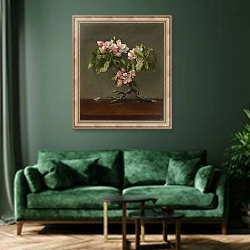 «Apple Blossoms» в интерьере зеленой гостиной над диваном