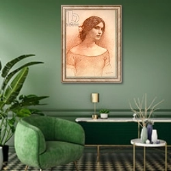 «Study for 'The Lady Clare', c.1900» в интерьере гостиной в зеленых тонах