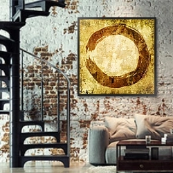 «Абстракция с незавершенным кругом» в интерьере двухярусной гостиной в стиле лофт с кирпичной стеной