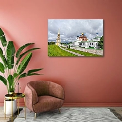«Россия, Рязань. Вид на Рязанский Кремль» в интерьере современной гостиной в розовых тонах