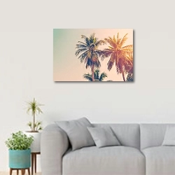 «Кокосовые пальмы на фоне летнего неба» в интерьере светлой гостиной в скандинавском стиле