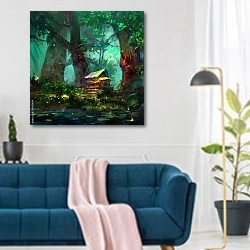 «Иллюстрация мультяшного дома в лесу у озера» в интерьере современной гостиной над синим диваном