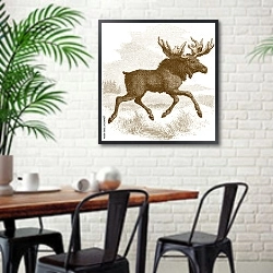 «Ретро изображение лося в поле» в интерьере столовой в скандинавском стиле с кирпичной стеной