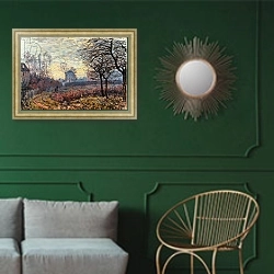 «Landscape near Louveciennes, 1873» в интерьере классической гостиной с зеленой стеной над диваном