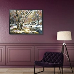«Зимний пейзаж с лесом и рекой» в интерьере в классическом стиле в фиолетовых тонах