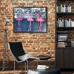 «Flamingos» в интерьере кабинета в стиле лофт с кирпичными стенами