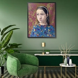 «Painting of a Young Girl, 1993» в интерьере гостиной в зеленых тонах
