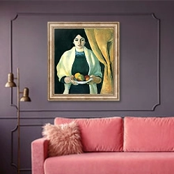 «Портрет с яблоками (Портрет жены художника)» в интерьере гостиной с розовым диваном
