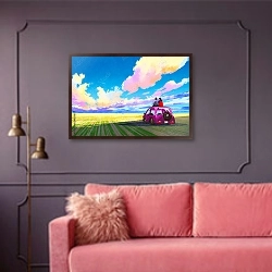 «На границе света и тени» в интерьере гостиной с розовым диваном