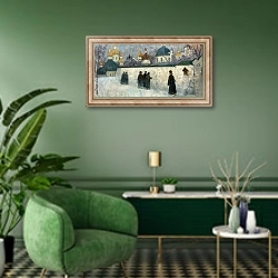 «Прихожане у церкви» в интерьере гостиной в зеленых тонах