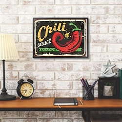 «Чили соус, старинная реклама с красным острым перцем» в интерьере кабинета в стиле лофт над столом