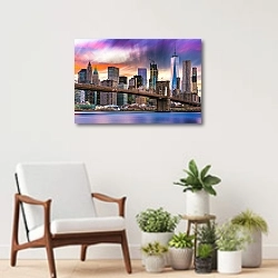«Красочная панорама Нью-Йорка на закате» в интерьере современной комнаты над креслом