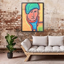 «PORTRAIT OF A LADY 1978-2018» в интерьере в стиле лофт с кирпичной стеной и синим креслом