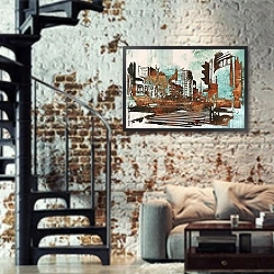 «Городской пейзаж» в интерьере в стиле лофт с черной кирпичной стеной