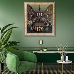 «The House of Commons in Session, 1710» в интерьере гостиной в зеленых тонах