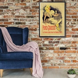 «Reproduction of a poster advertising 'Punch Grassot', 1895» в интерьере в стиле лофт с кирпичной стеной и синим креслом