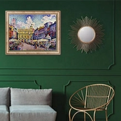 «The Herb Market, Verona; la Place aux Herbes, Verone,» в интерьере классической гостиной с зеленой стеной над диваном