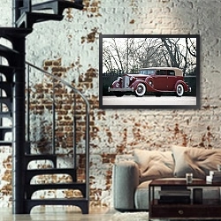 «Packard Twelve Convertible Sedan '1935» в интерьере двухярусной гостиной в стиле лофт с кирпичной стеной