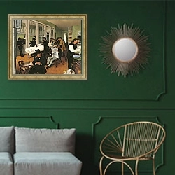 «The Cotton Exchange, New Orleans, 1873» в интерьере классической гостиной с зеленой стеной над диваном