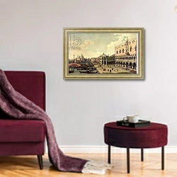 «View of the Molo looking towards the entrance of the Grand Canal, Venice» в интерьере гостиной в бордовых тонах