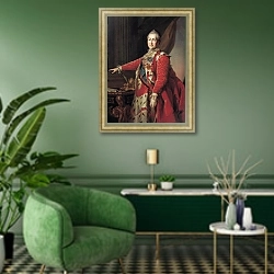 «Портрет Екатерины II. Около1782» в интерьере гостиной в зеленых тонах