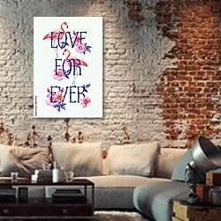 «Надпись love forever с розами и фламинго» в интерьере гостиной в стиле лофт с кирпичной стеной