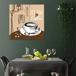 «Плакат с изображением чашки кофе на столике европейского кафе» в интерьере столовой в зеленых тонах