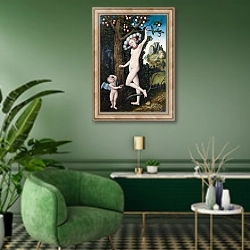 «Купидон, жалующийся Венере» в интерьере гостиной в зеленых тонах