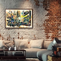 «Городская абстракция» в интерьере гостиной в стиле лофт с кирпичной стеной
