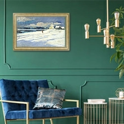 «Winter Landscape with a small Church» в интерьере в классическом стиле с зеленой стеной