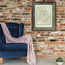 «Карта: Италия» в интерьере в стиле лофт с кирпичной стеной и синим креслом