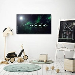 «Космический корабль» в интерьере детской комнаты для мальчика с самокатом