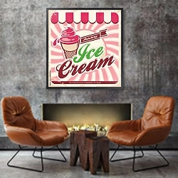 «Ретро плакат с клубничным мороженым» в интерьере в стиле лофт с бетонной стеной над камином
