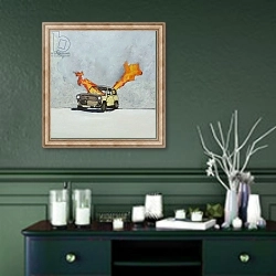 «Mini fire, 2014,» в интерьере прихожей в зеленых тонах над комодом