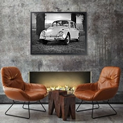 «Старый классический автомобиль» в интерьере в стиле лофт с бетонной стеной над камином