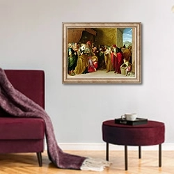 «Christ and the Woman Taken in Adultery 1» в интерьере гостиной в бордовых тонах