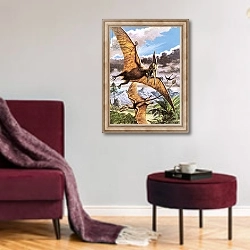 «Pteranodon and Rhamphorhynchus» в интерьере гостиной в бордовых тонах