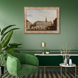 «View of Castle Street and the Fiaker Square, Potsdam, 1773» в интерьере гостиной в зеленых тонах