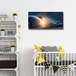 «Восход в космосе» в интерьере детской комнаты для мальчика с желтыми деталями